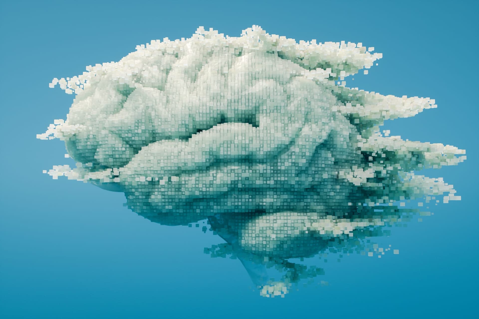 Voxel brain dissolving into cloud — context already waiting when you open a chat.